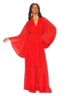 Meghan Los Angeles Sunset Maxi Dress | Red Bohemian Bell Sleeve | XL